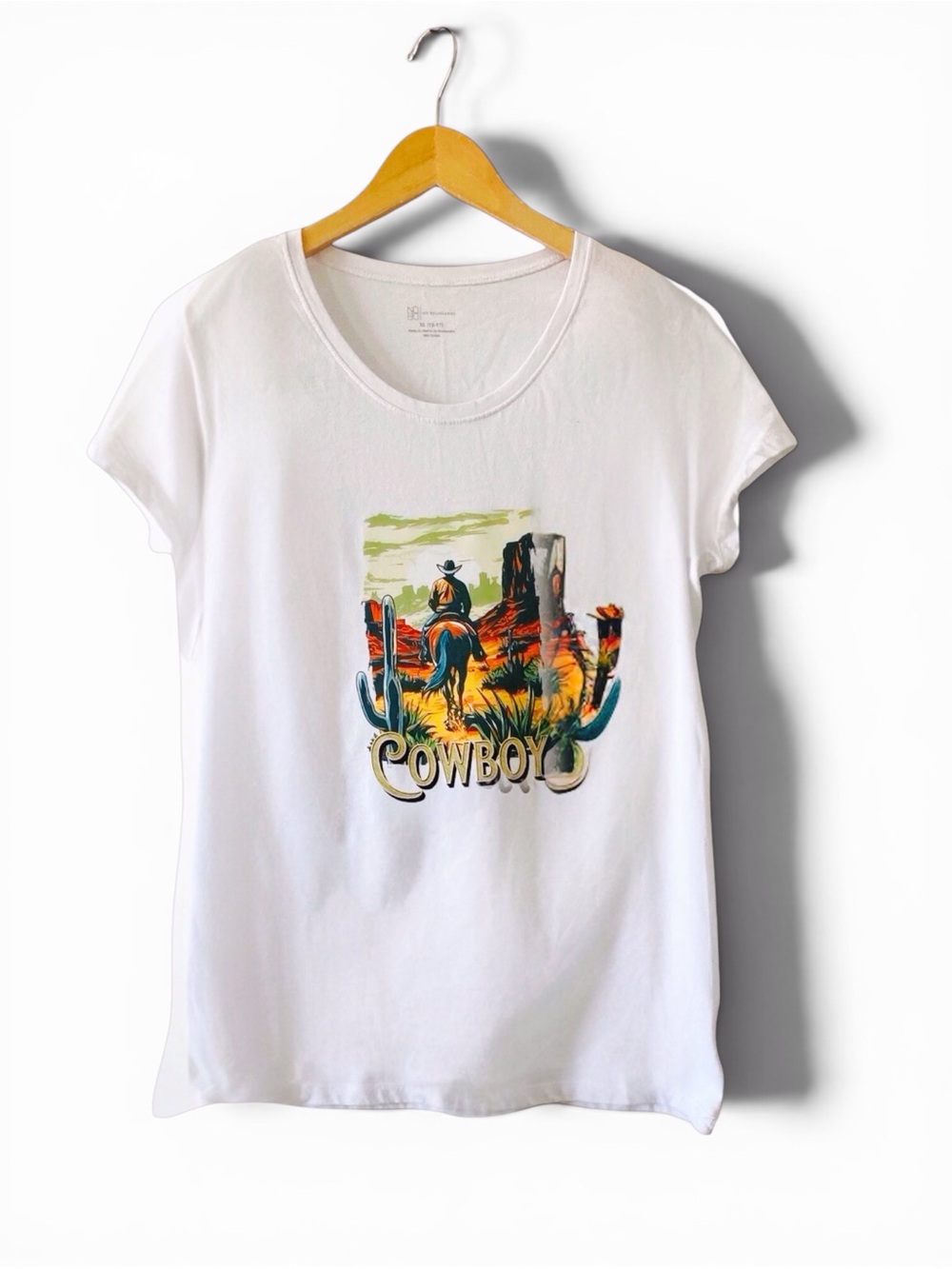 Handcrafted Cowboy Graphic Tee – Upcycled Womens Tee Shirt (XL)